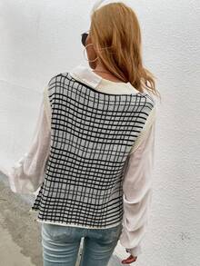 SHEIN Essnce Của phụ nữ Kẻ sọc Áo len dệt kim Với Xếp li Tay áo dài - Đen và trắng - Xem 2