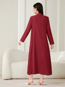Al Najma 勃艮第红色女士纯色纽扣宽松阿拉伯休闲长袍连衣裙 - 酒紅色 - 查看 2