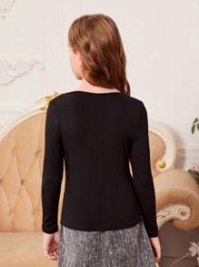 SHEIN Tween Girls' Knitted Beaded Round Neck Elegant T-Shirt