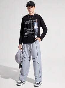 SHEIN 青少年男孩休閒寬鬆版人物和字母印花長袖t卹