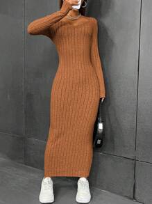 SHEIN EZwear 小高領條紋長袖連身裙 - 橘色 - 查看 4