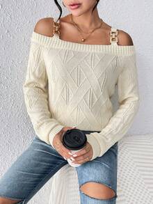 SHEIN LUNE Women's Cut Out Shoulder Sweater With Chain Strap - Beige - View 6