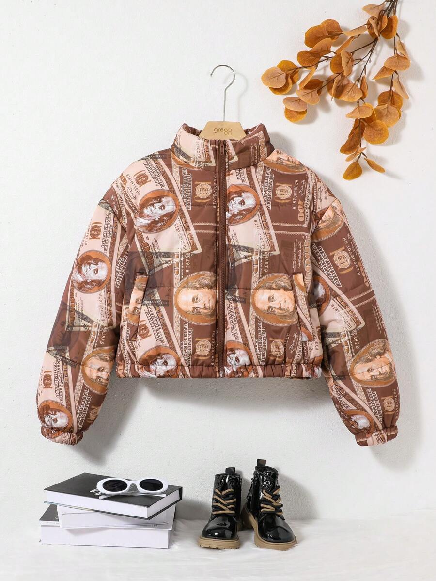 SHEIN Teen Girl Dollar Print Drop Shoulder Padded Coat - Multicolor - View 1