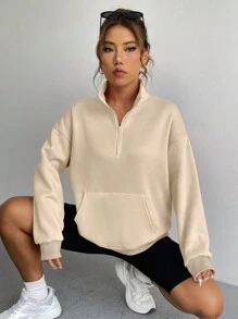 SHEIN EZwear Một nửa khóa kéo Túi kangaroo Thả vai Áo nỉ - Màu Khaki - Xem 4