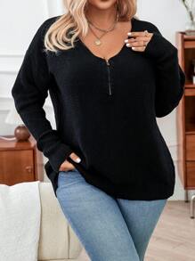 Calvaya Suéter De Hombros Caídos Con Media Tapeta Y Cremallera De Talla Grande