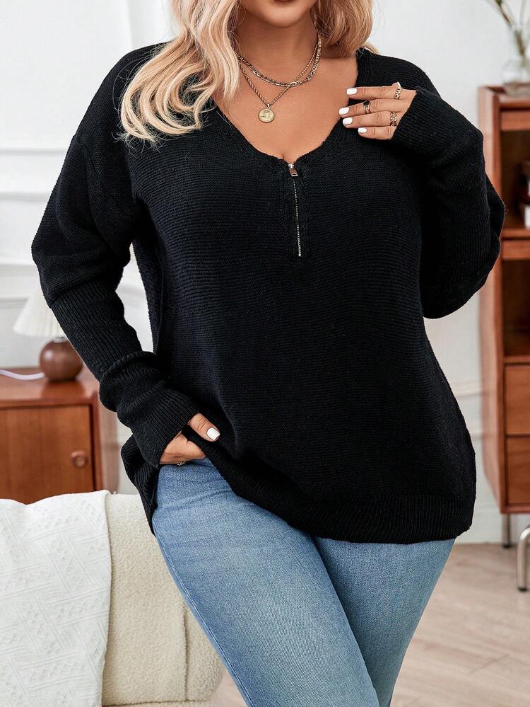 Plus Size Zipper Half Placket Drop Shoulder Sweater Knit Pullover Fall Winter Sweater