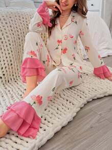 CottageSlumber Bộ đồ ngủ áo và quần nhún bèo in hoa dành cho nữ mùa lễ hội, họa tiết hoa lộng lẫy, trang phục thu đông ấm áp và thanh lịch - Màu be - Xem 4