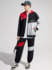 SHEIN Nastolatek Chłopcy Codzienny Wygodna Bluza z kapturem I Spodnie do biegania Komplety Biżuterii Z Nadrukowany I Kolorowe bloki Detale
