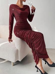 Chiquease cổ áo xếp nếp Xù Long lanh Váy bodycon - Màu Đỏ Sâu - Xem 1