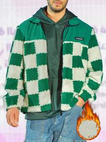 Manfinity EMRG Men's Loose-Fit Checker Printed Zip-Up Jacket With Letter Patchwork