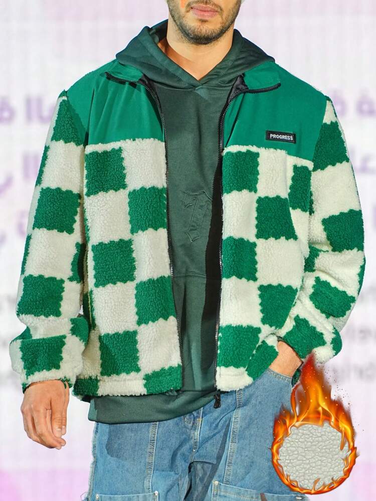 Men's Loose-Fit Checker Printed Zip-Up Jacket With Letter Patchwork