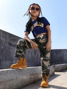 Young Girl Camo Print Ripped Drawstring Waist Straight Leg Jeans - Army Green - View 6