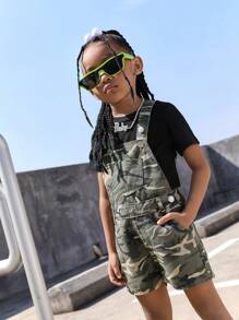 SHEIN Explorewe 女童復古學院街頭迷彩休閒舒適牛仔工裝褲 - 軍綠色 - 查看 3