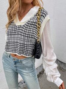 SHEIN Essnce Của phụ nữ Kẻ sọc Áo len dệt kim Với Xếp li Tay áo dài - Đen và trắng - Xem 1