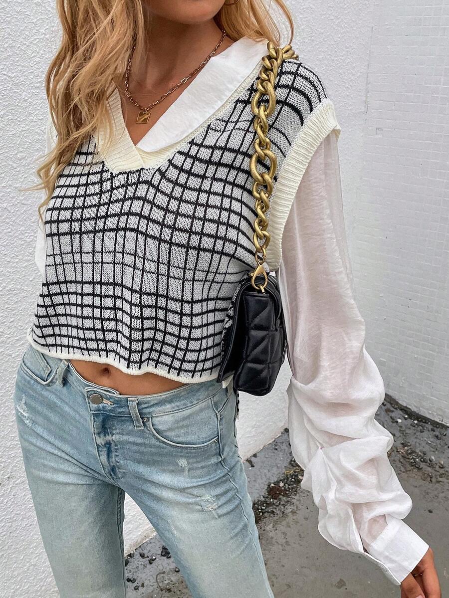 SHEIN Essnce Của phụ nữ Kẻ sọc Áo len dệt kim Với Xếp li Tay áo dài - Đen và trắng - Xem 1