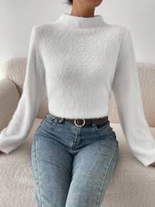 SHEIN LUNE Màu thuần Tay áo lồng đèn Một nửa Áo cao cổ 	
Fuzzy Áo len - trắng - Xem 1