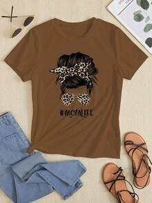 SHEIN Slayr 女款短袖t卹,印有角色和字母圖案 - 棕色 - 查看 7