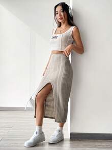 SHEIN EZwear Khaki Knitted Women'S Bodycon Slit Skirt - Khaki - View 3