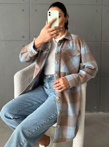 SHEIN Cottnline Women's Plaid Woolen Coat - Camel - View 3