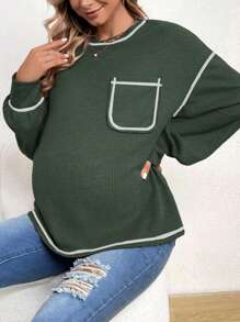 SHEIN Maternity Colorblock Patch Pocket T-shirt - Olive Green - View 5