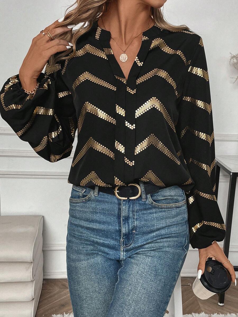 Calvaya 女士缺口领 V 领金色条纹时尚灯笼袖长衬衫、长袖上衣