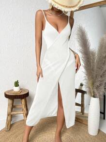 SHEIN Swim 素色圍裹下擺吊帶連衣裙 - 白色 - 查看 4
