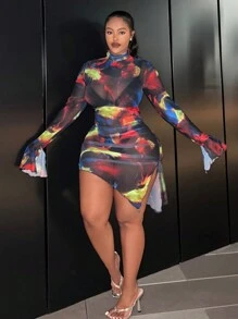 Slaydiva 女士大碼透視喇叭袖連衣裙 - 酒紅色 - 查看 5