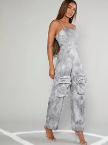 Hauture Tie Dye Zip Pocket Wide Leg Jumpsuit - Grey - View 1