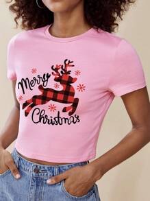 SHEIN EZwear Christmas Print Crop Tee - Baby Pink - View 1