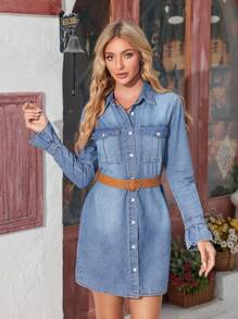 SHEIN LUNE 丹寧布襟口口袋連身裙,不含腰帶 - 中等水洗藍 - 查看 5