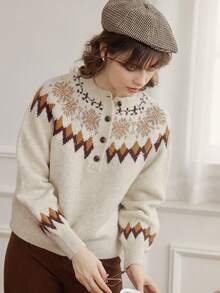 Simple Retro Len In Nút Vòng cổ Áo len - Màu be - Xem 6