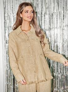 SHEIN Frenchy Tweed Surchemise Raw Hem Button Front Casual Spring Coat Winter Brown - Khaki - View 4