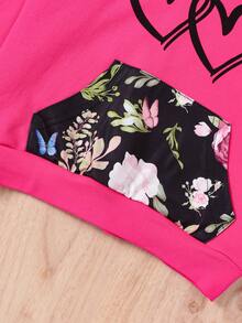 SHEIN 小女孩心形和花卉印花帽衫和褲子套裝 - 玫紅色 - 查看 6