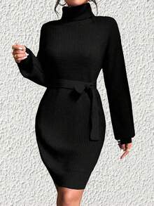 SHEIN Privé 女士高領燈籠袖毛衣裙 - 黑色 - 查看 4