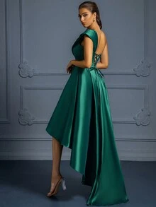 One Shoulder High Low Hem Satin Formal Dress - Green - View 3
