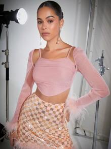 SHEIN Unity 时尚毛绒袖口闪光网眼短款上衣 - 淺粉色 - 查看 4