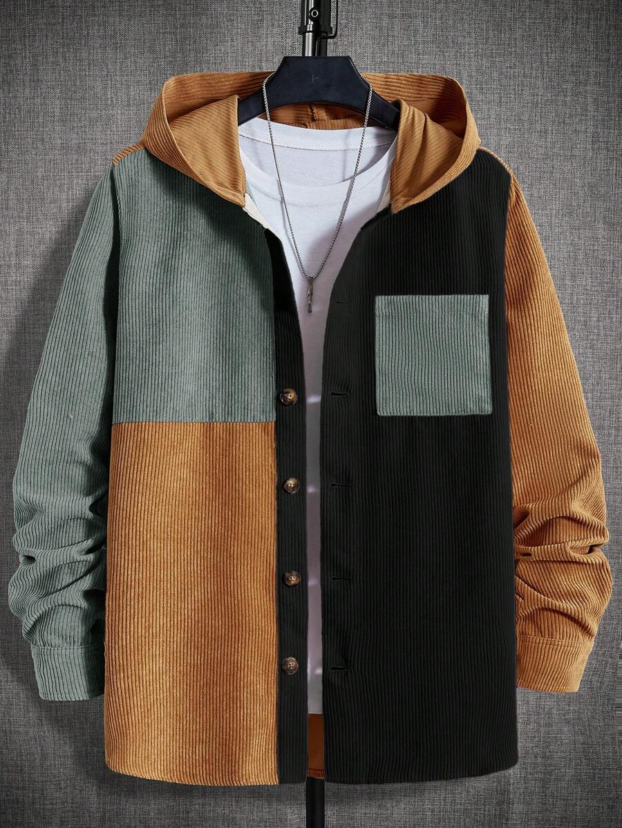 Manfinity VCAY Loose Fit Men's Fashionable Hooded Color Block Corduroy Shirt - Black - View 1