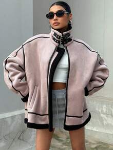 DAZY Của phụ nữ Vá lại Sọc Vòng cổ Thả vai Áo khoác - Bụi tím - Xem 5