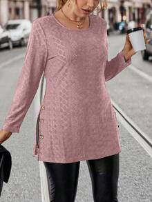 SHEIN LUNE Kích thước lớn Nút Cổ chữ V Viền chia cắt Áo thun - Hồng - Xem 5