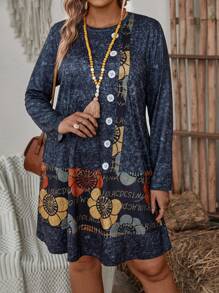 SHEIN Floral And Digital Printed Buttoned Long Sleeve Dress - Multicolor - View 3