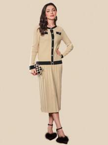 Modelyn 女用撞色飾邊毛衣和百褶針織裙兩件套 - 杏色 - 查看 1