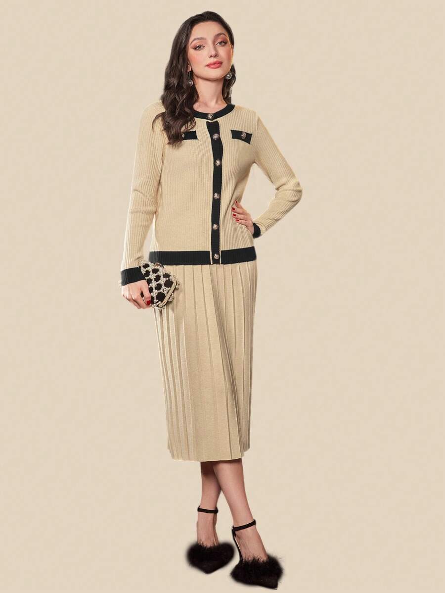 Modelyn 女用撞色飾邊毛衣和百褶針織裙兩件套 - 杏色 - 查看 1