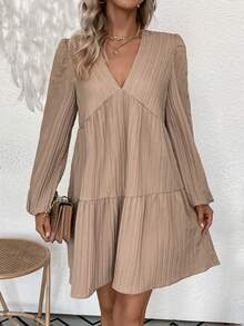 SHEIN LUNE 氣球袖褶皺女款中長裙 - 藕粉色 - 查看 3