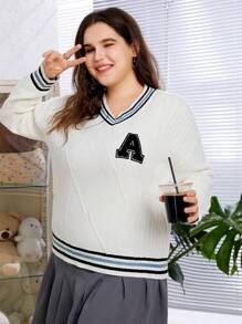 SHEIN EZwear Kích thước lớn Áo len Với Mẫu chữ , Sọc Chi tiết Và Viền tương phản - Màu be - Xem 6