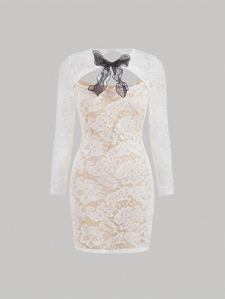 Women's White Lace Bowknot Detail Dress