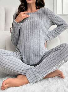 SHEIN Thai sản In thư Đồ đan Ribbed Bộ đồ ngủ - Xám - Xem 1