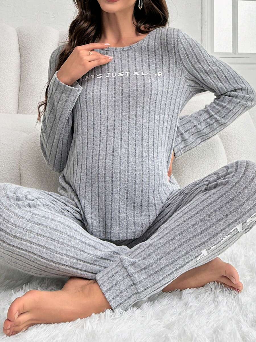 SHEIN Thai sản In thư Đồ đan Ribbed Bộ đồ ngủ - Xám - Xem 1