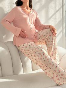 Moonlight&Mama Maternity Solid Color Simple Top & Flower Pattern Pants Home Wear Loungewear Set , Cozy And Elegant Details, Clothes Outfit, Fall & Winter - Pink - View 4
