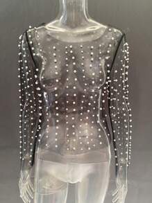Apperloth A Elegant Pearls Beaded Mesh Sheer Cover Up Top Without Cami Top Sexy Music Festival
