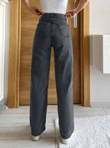 SHEIN PETITE Zipper Fly Straight Leg Jeans - Medium Wash - View 2